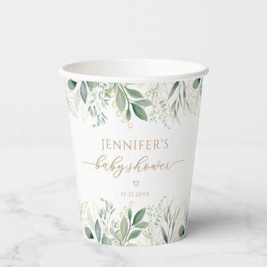 Eucalyptus Greenery Gold Baby shower Papieren Bekers (Achterkant)