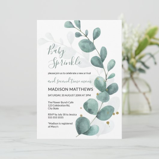 Eucalyptus Greenery & Gold Baby Sprinkle Invitati Kaart (Staand voorkant)