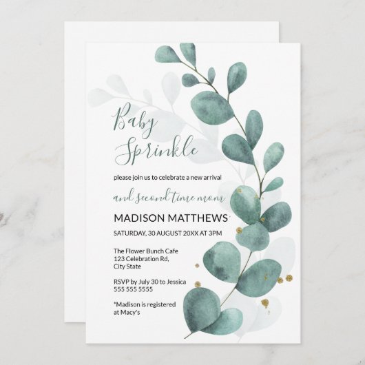 Eucalyptus Greenery & Gold Baby Sprinkle Invitati Kaart (Voorkant / Achterkant)