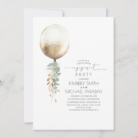 Eucalyptus Greenery Gold Ballon Engagement Party Kaart (Voorkant)