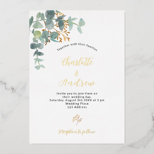 Eucalyptus greenery gold bruiloft folie uitnodiging (Voorkant)