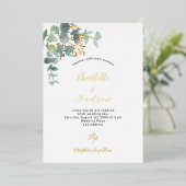 Eucalyptus greenery gold bruiloft folie uitnodiging (Staand Voorkant)