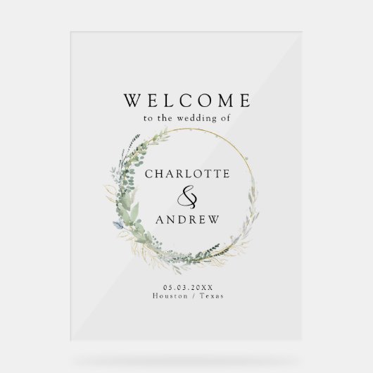 Eucalyptus greenery Gold bruiloft welkom Acryl Bord (Voorkant)