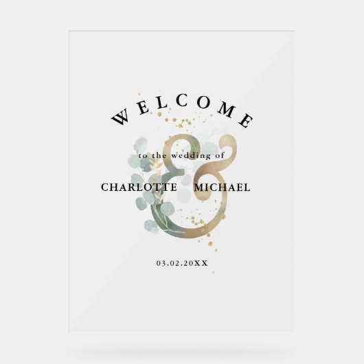 Eucalyptus greenery Gold bruiloft welkom Acryl Bord (Voorkant)