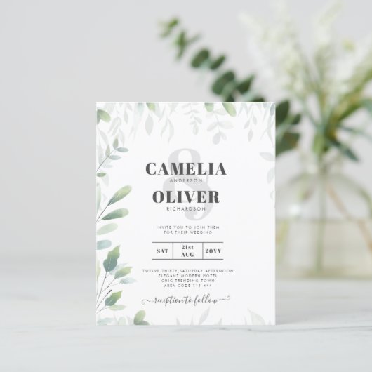 Eucalyptus Greenery Gold Budget Weduwen Uitnodigin (Staand voorkant)