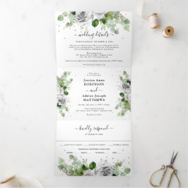 Eucalyptus Greenery & Gold Classic Wedding Tri-Fol Drieluik Uitnodiging