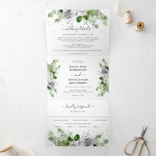 Eucalyptus Greenery & Gold Classic Wedding Tri-Fol Drieluik Uitnodiging (Binnen)