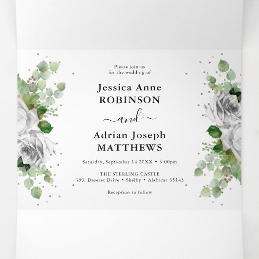 Eucalyptus Greenery & Gold Classic Wedding Tri-Fol Drieluik Uitnodiging (Binnenkant midden)