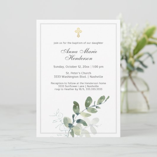 Eucalyptus Greenery Gold Cross Baptisme Kaart (Staand voorkant)