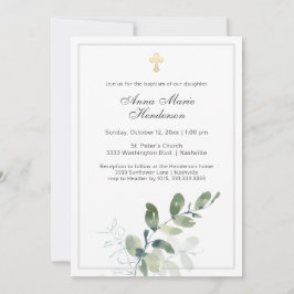 Eucalyptus Greenery Gold Cross Baptisme Kaart