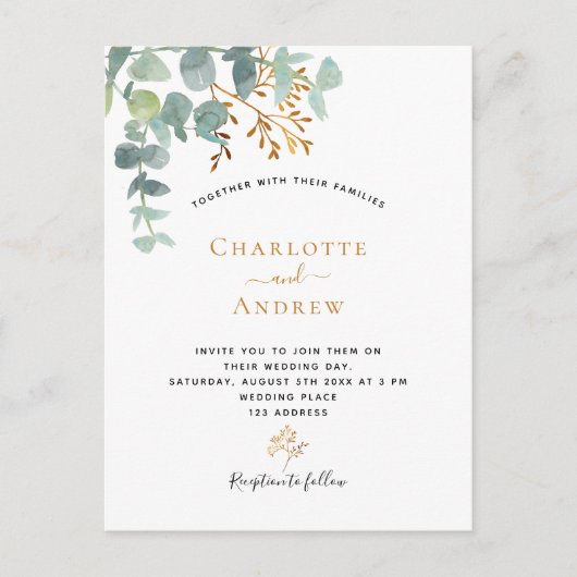 Eucalyptus greenery Gold eenvoudige elegante bruil Briefkaart (Voorkant)