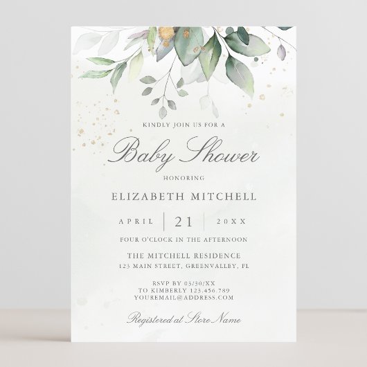 Eucalyptus Greenery Gold Elegant Baby shower Kaart