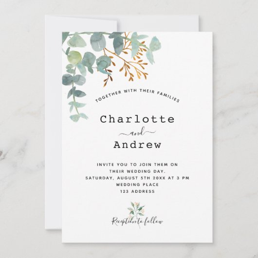 Eucalyptus greenery Gold elegant script bruiloft Kaart (Voorkant)