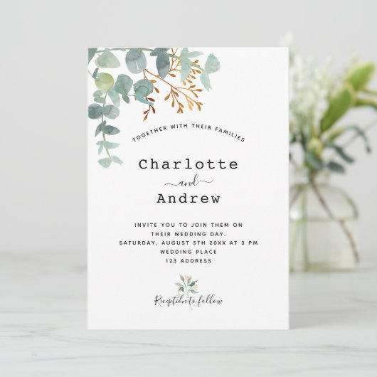 Eucalyptus greenery Gold elegant script bruiloft Kaart (Staand voorkant)