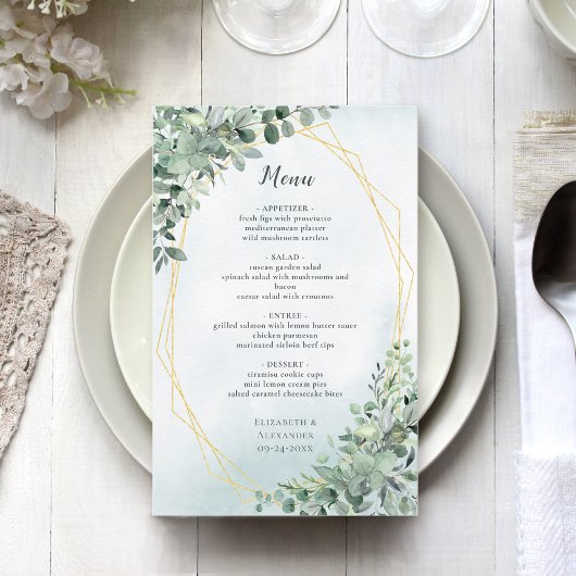 Eucalyptus Greenery Gold Elegant Wedding Menu