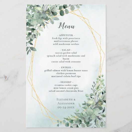 Eucalyptus Greenery Gold Elegant Wedding Menu (Voorkant)