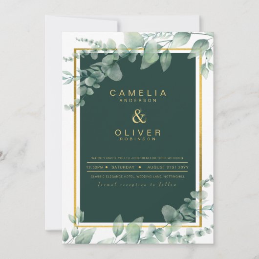 Eucalyptus Greenery Gold Emerald Wedding QR CODE Kaart (Voorkant)