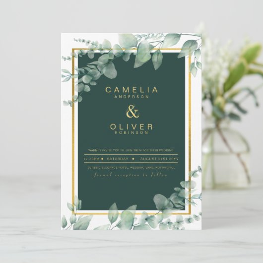 Eucalyptus Greenery Gold Emerald Wedding QR CODE Kaart (Staand voorkant)