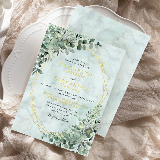Eucalyptus Greenery Gold Foil marble Wedding Folie Uitnodiging
