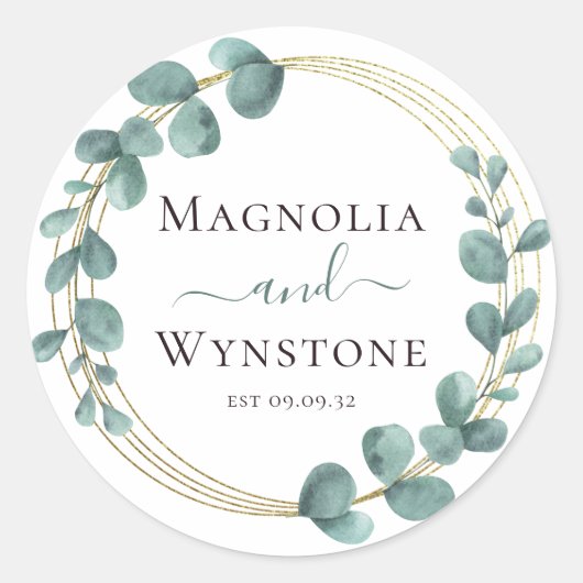 Eucalyptus Greenery Gold Foil Wedding Ronde Sticker (Voorkant)