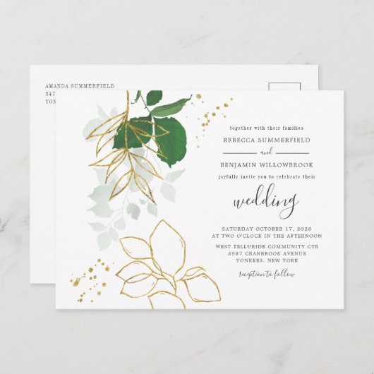 Eucalyptus Greenery Gold Foliage Geometric Wedding Uitnodiging Briefkaart (Voorkant / Achterkant)
