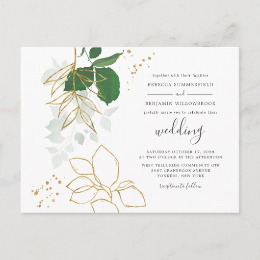 Eucalyptus Greenery Gold Foliage Geometric Wedding Uitnodiging Briefkaart (Voorkant)