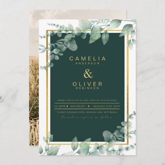 Eucalyptus Greenery Gold FOTO WEDDING INVITE Kaart (Voorkant / Achterkant)