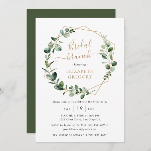 Eucalyptus Greenery Gold Geometric Bridal Brunch Kaart (Voorkant / Achterkant)