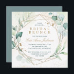 Eucalyptus Greenery Gold Geometric Bridal Brunch Kaart<br><div class="desc">Moderne bruidsbrunchuitnodiging met een geometrisch lijst omringd door eucalyptusbladeren en groen met een blauwe wenk. Binnenin zijn de details van uw evenement donkergroen samen met de titel en de naam van de bruid in een elegante gouden toon, boven een pastelachtige waterverf met spugen van faux goudglitter. De achterkant is een...</div>
