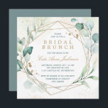 Eucalyptus Greenery Gold Geometric Bridal Brunch Kaart<br><div class="desc">Moderne bruidsbrunchuitnodiging met een geometrisch lijst omringd door eucalyptusbladeren en groen met een blauwe wenk. Binnenin zijn de details van uw evenement donkergroen samen met de titel en de naam van de bruid in een elegante gouden toon, boven een pastelachtige waterverf met spugen van faux goudglitter. De achterkant is een...</div>