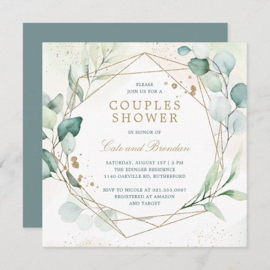 Eucalyptus Greenery Gold Geometric Couples Shower Kaart (Voorkant / Achterkant)