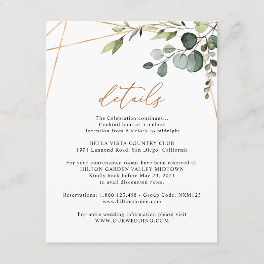 Eucalyptus Greenery Gold Geometric Details Wedding Informatiekaartje (Voorkant)