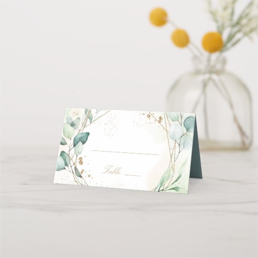 Eucalyptus Greenery Gold Geometric Elegant Wedding Plaatskaartje (Voorkant)