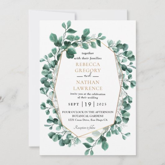 Eucalyptus Greenery Gold Geometric Lijst Wedding Kaart (Voorkant)