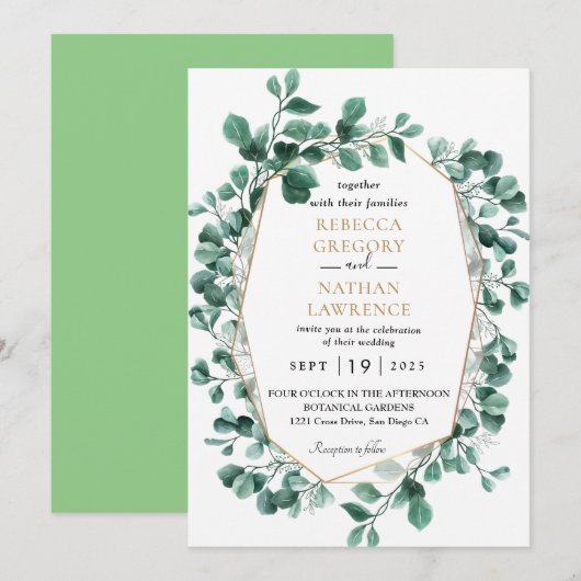 Eucalyptus Greenery Gold Geometric Lijst Wedding Kaart (Voorkant / Achterkant)