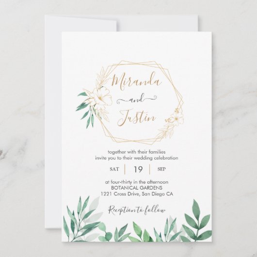 Eucalyptus Greenery Gold Geometric Lijst Wedding Kaart (Voorkant)