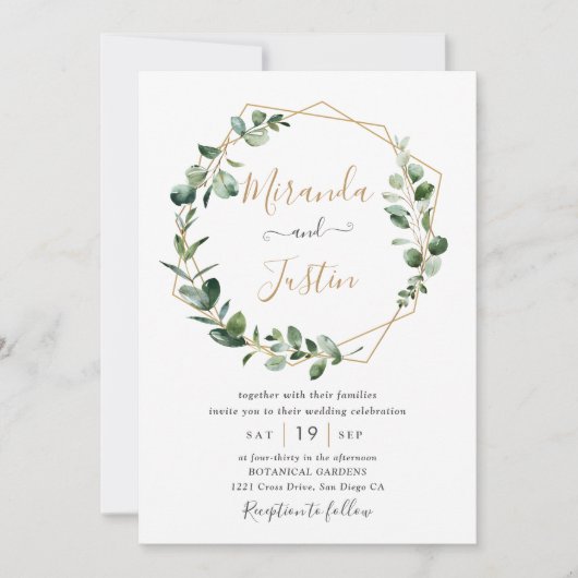 Eucalyptus Greenery Gold Geometric Lijst Wedding Kaart (Voorkant)