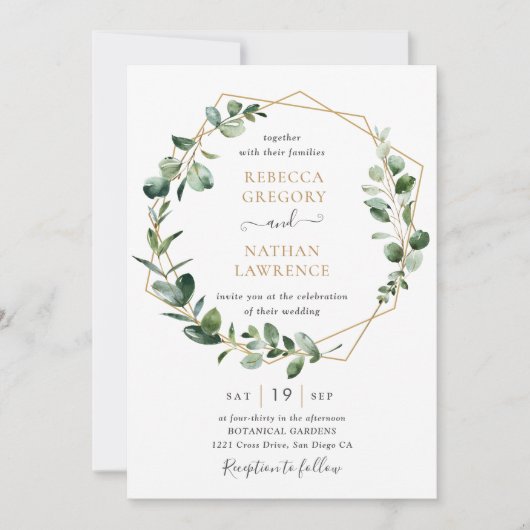 Eucalyptus Greenery Gold Geometric Lijst Wedding Kaart (Voorkant)