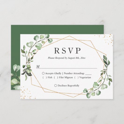 Eucalyptus Greenery Gold Geometric Lijst Wedding RSVP Kaartje (Voorkant / Achterkant)