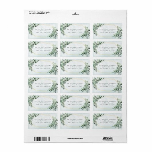 Eucalyptus Greenery Gold Geometric Wedding Address Etiket (Full Sheet)
