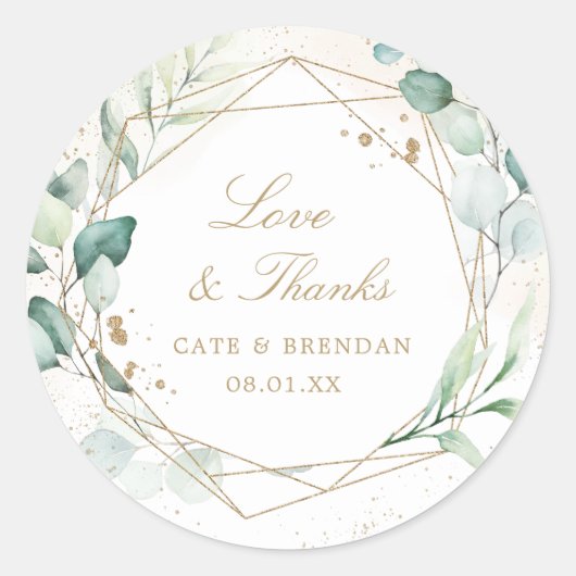 Eucalyptus Greenery Gold Geometric Wedding Favor Ronde Sticker (Voorkant)