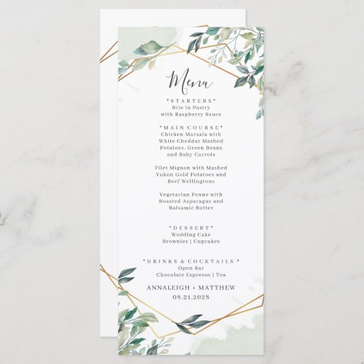 Eucalyptus Greenery Gold Geometric Wedding Menu (Voorkant / Achterkant)