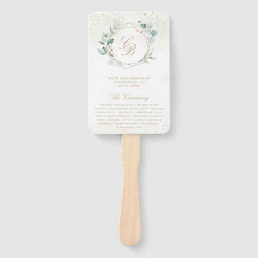 Eucalyptus Greenery Gold Geometric Wedding Program Handwaaier (Voorkant)