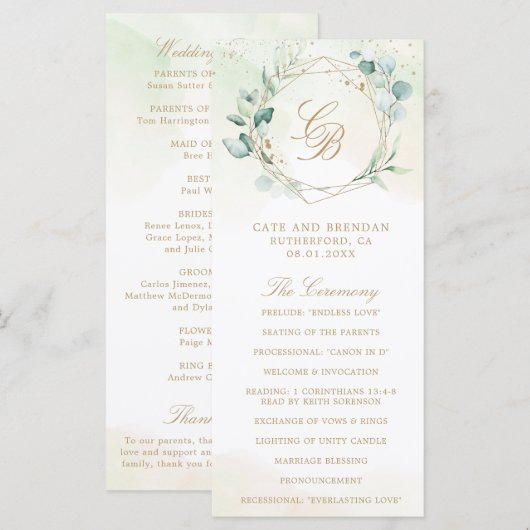 Eucalyptus Greenery Gold Geometric Wedding Programmakaart (Voorkant / Achterkant)