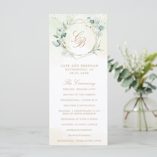 Eucalyptus Greenery Gold Geometric Wedding Programmakaart (Staand voorkant)