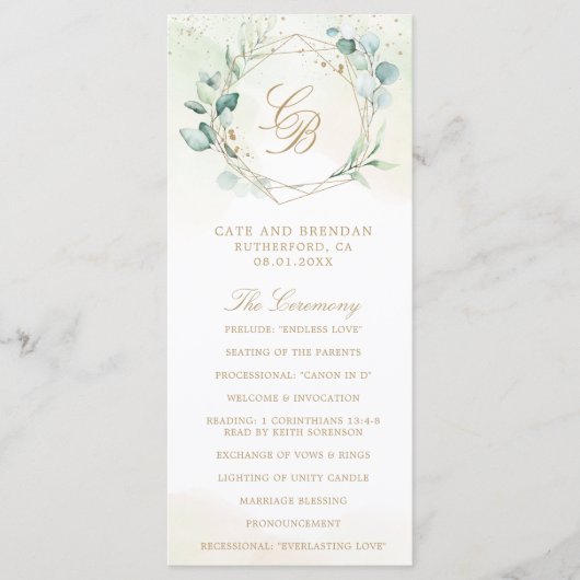 Eucalyptus Greenery Gold Geometric Wedding Programmakaart (Voorkant)