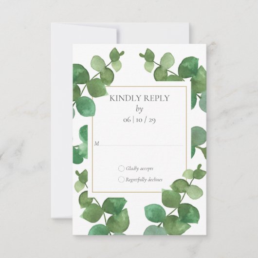 Eucalyptus Greenery Gold Geometric Wedding RSVP Kaartje (Voorkant)