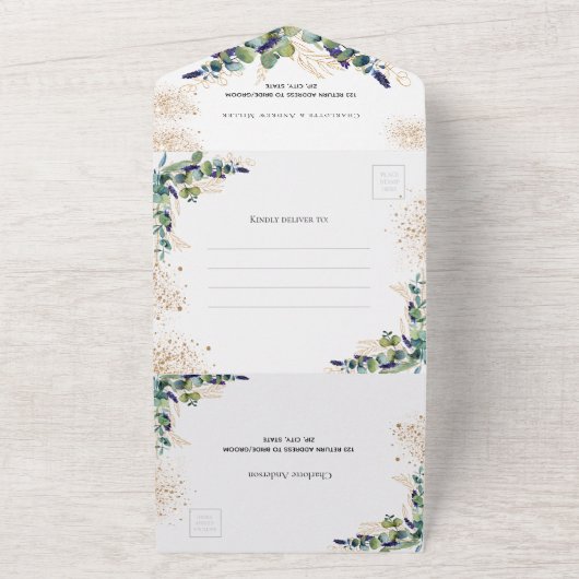 Eucalyptus greenery gold glitter bruiloft all in one uitnodiging (Buitenkant)