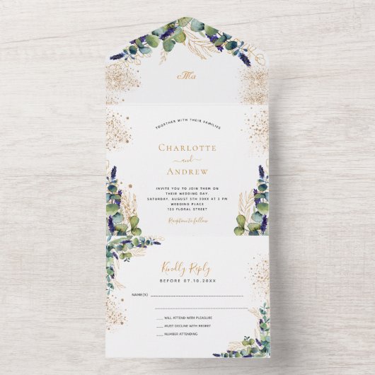 Eucalyptus greenery gold glitter bruiloft all in one uitnodiging (Binnen)