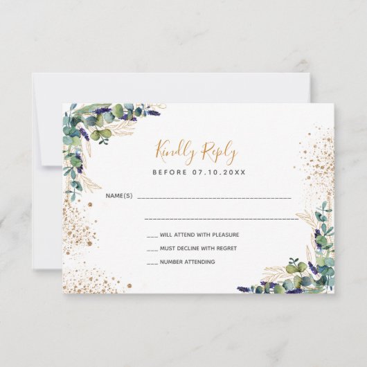 Eucalyptus greenery gold glitter bruiloft RSVP kaartje (Voorkant)